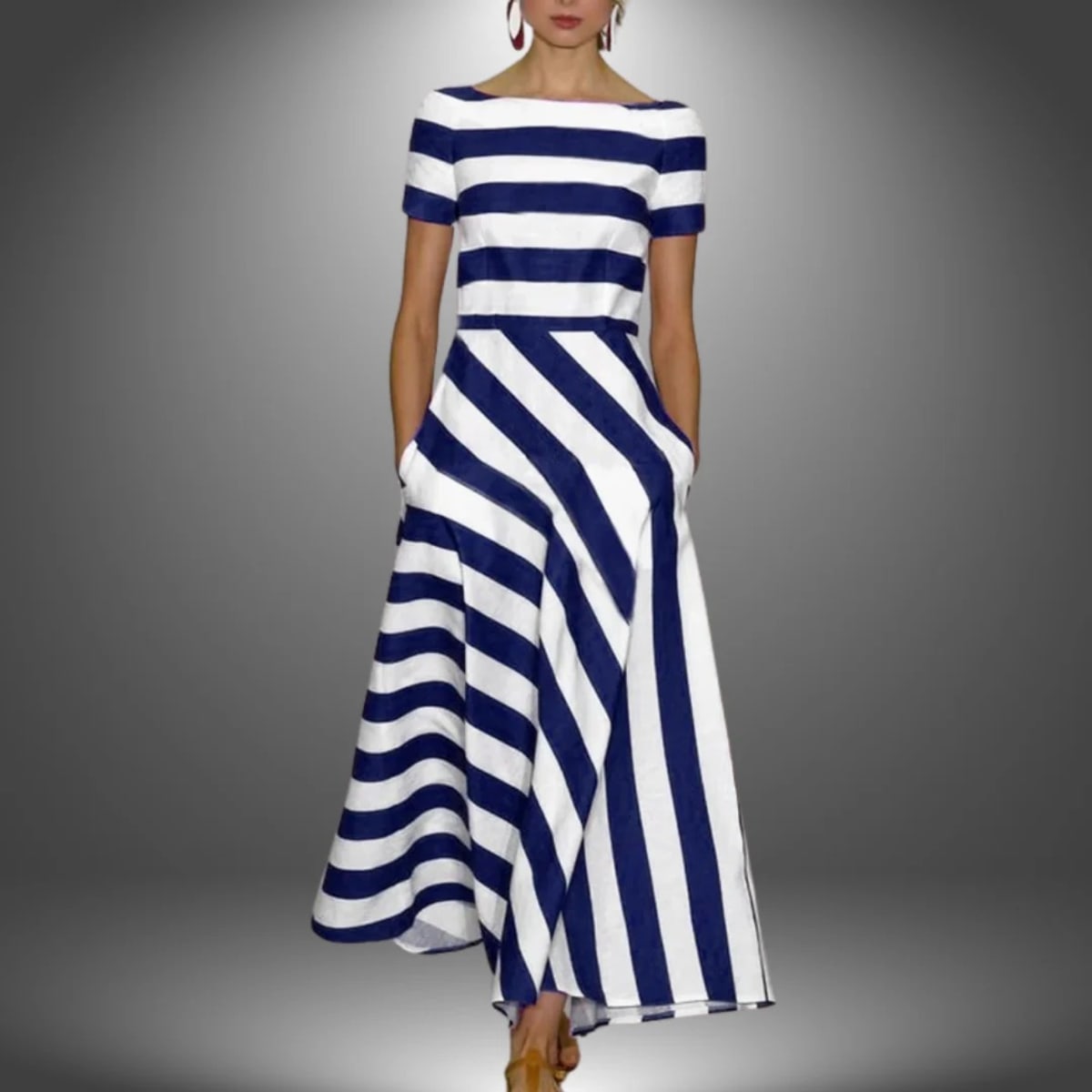 Handcrafted striped maxi dress with relaxed fit and full length.