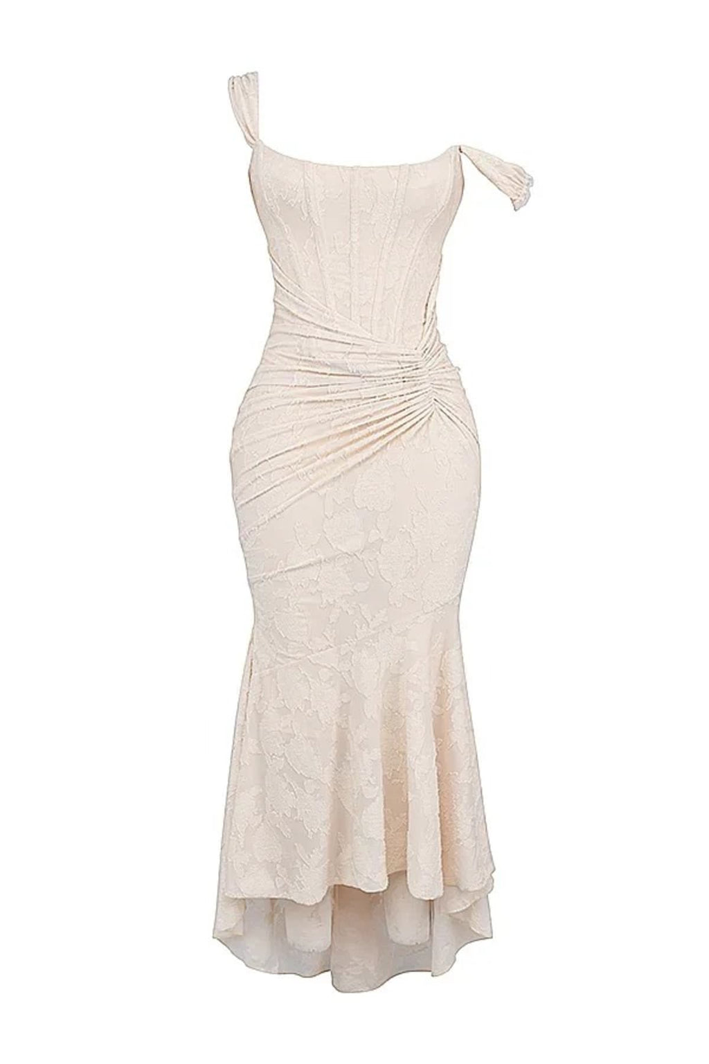 Woman in light blue dress with corset bodice, high-low hem.