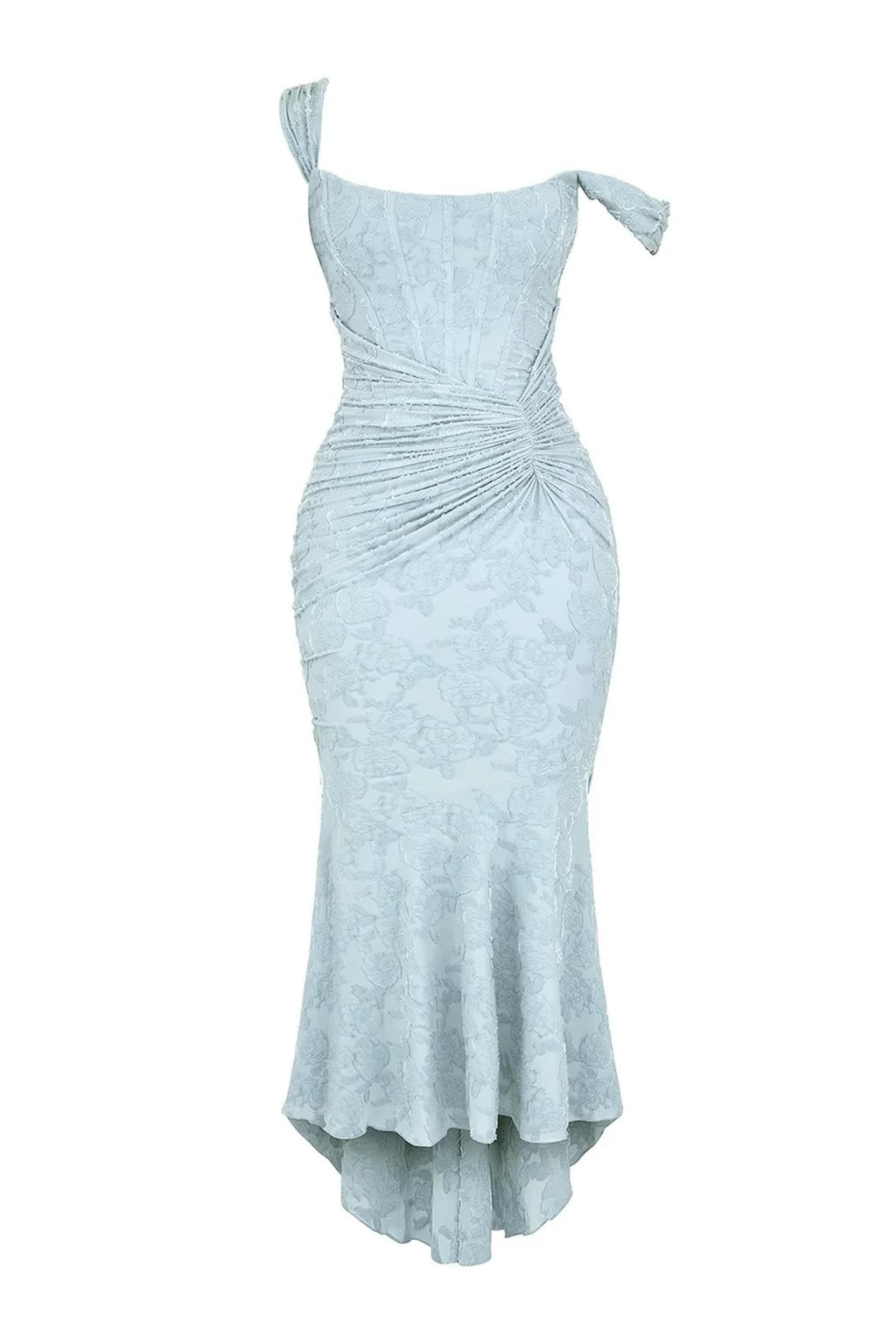 Woman in light blue dress with corset bodice, high-low hem.