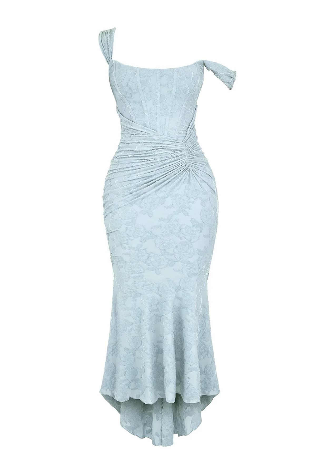 Woman in light blue dress with corset bodice, high-low hem.