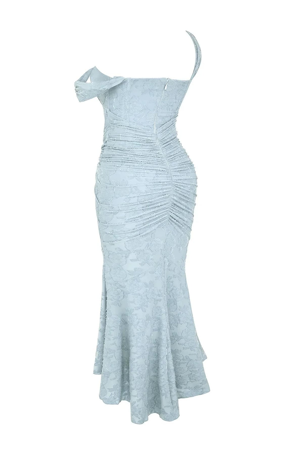 Woman in light blue dress with corset bodice, high-low hem.