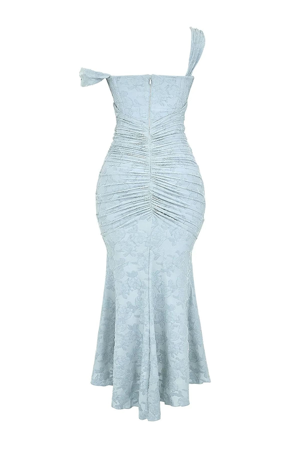 Woman in light blue dress with corset bodice, high-low hem.
