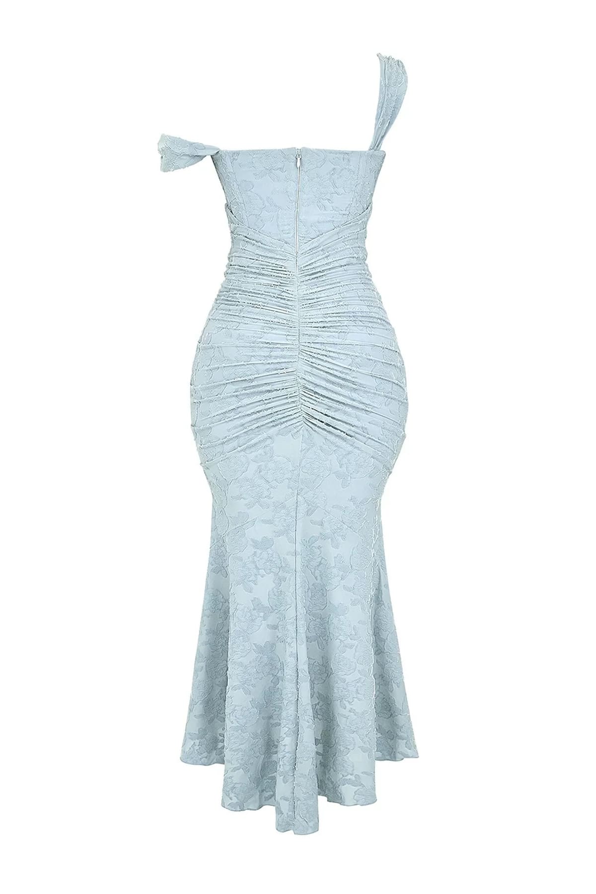 Woman in light blue dress with corset bodice, high-low hem.