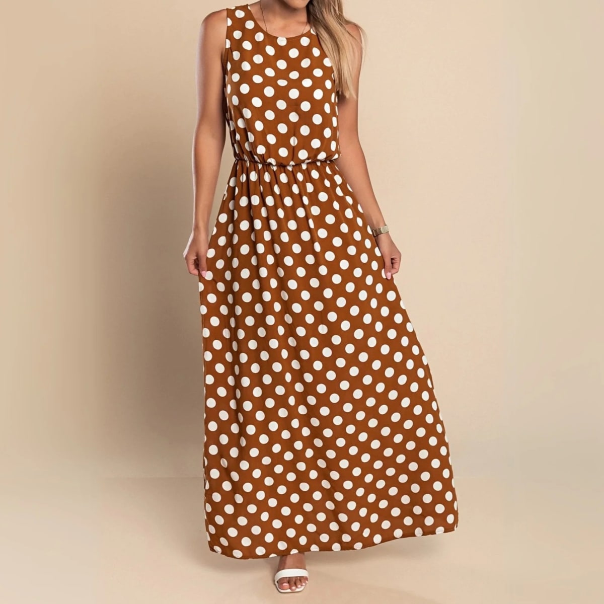 A maxi dress with polka dots and a flowing silhouette.
