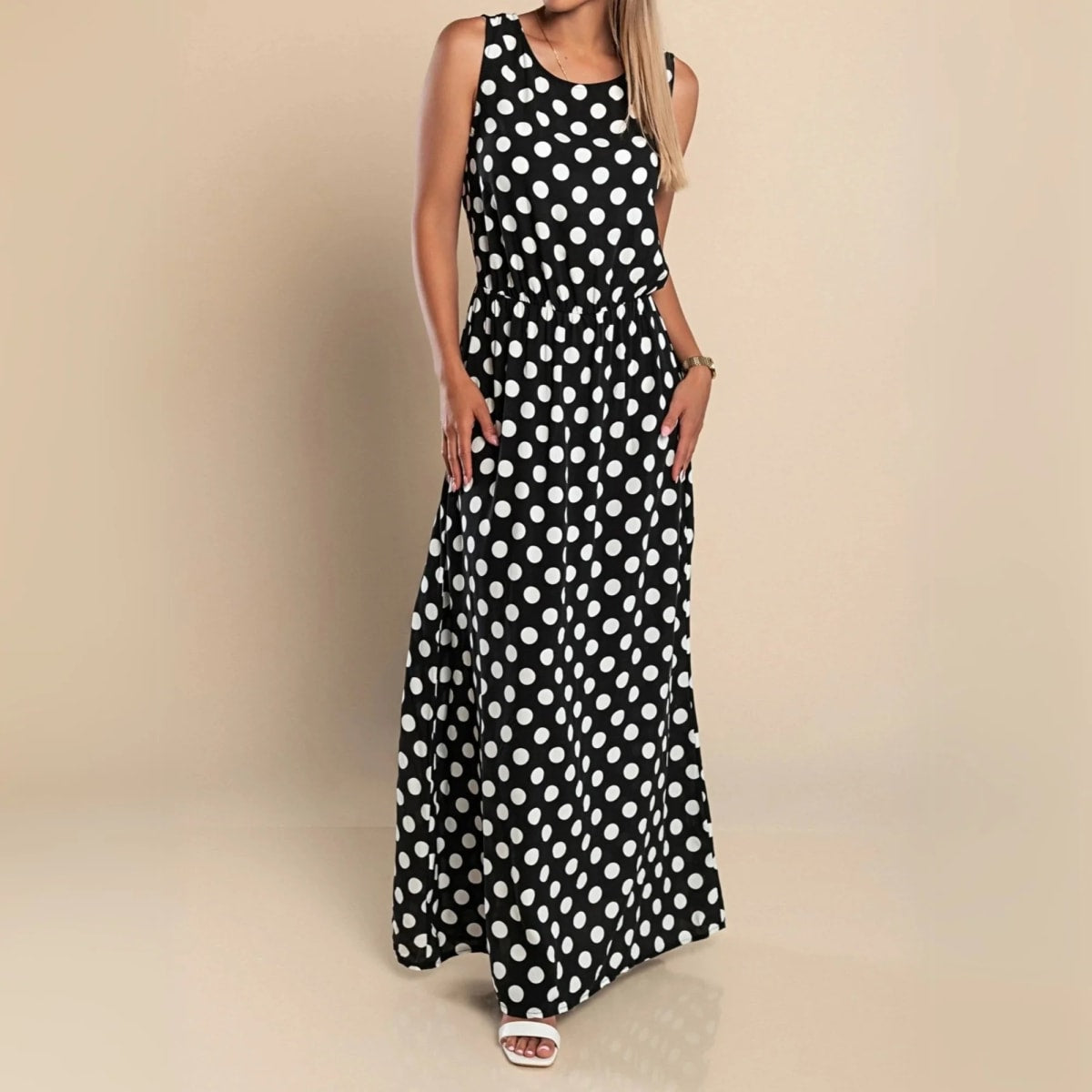 A maxi dress with polka dots and a flowing silhouette.