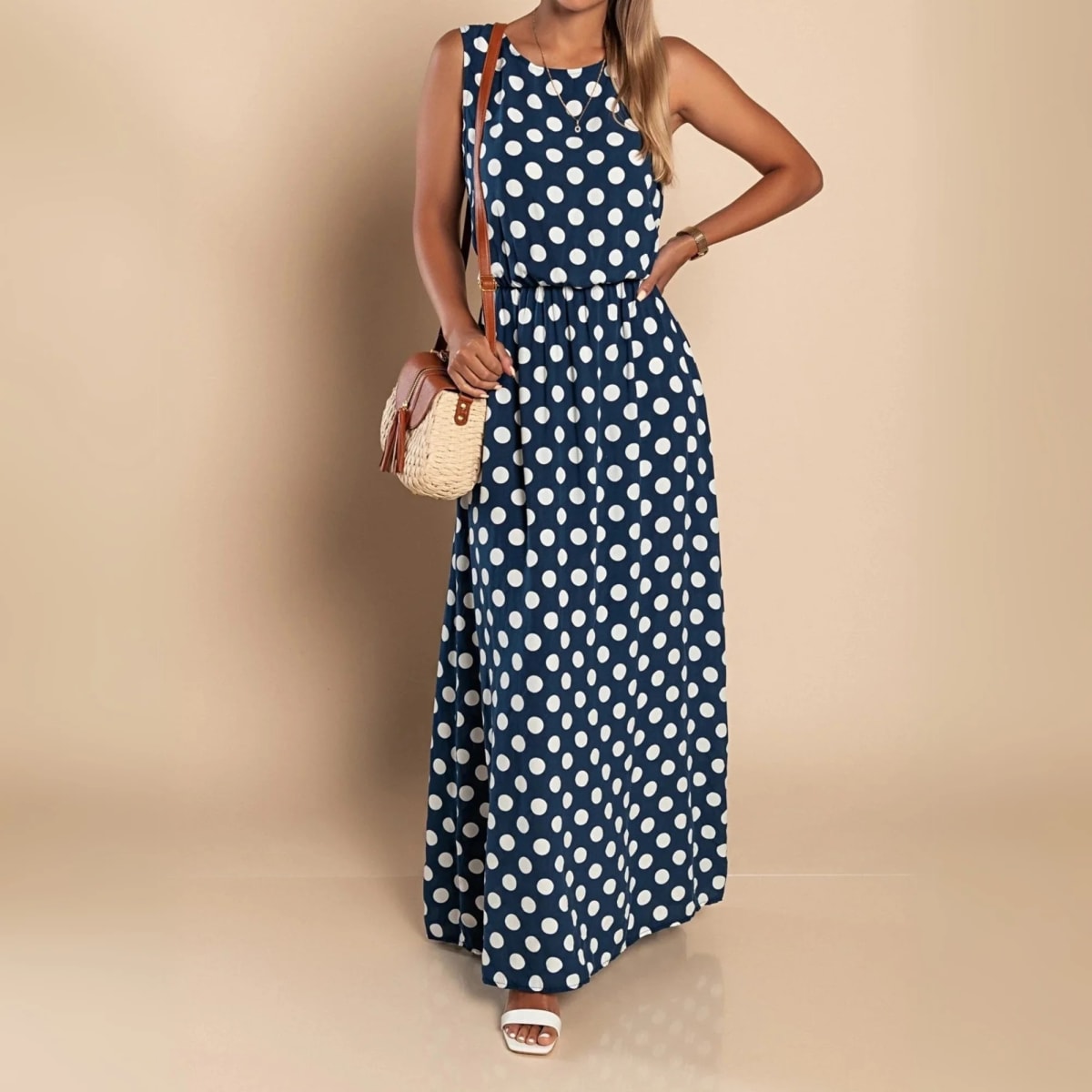 A maxi dress with polka dots and a flowing silhouette.