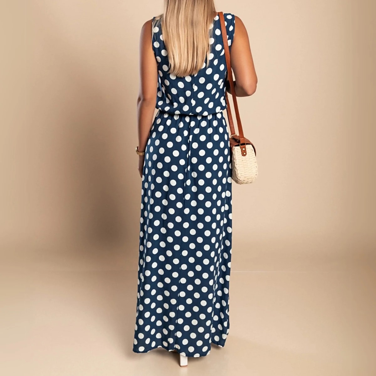 A maxi dress with polka dots and a flowing silhouette.