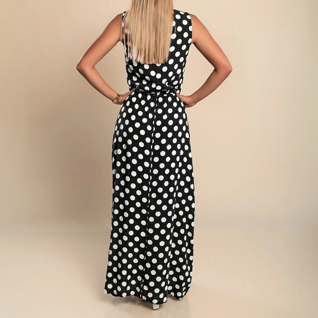 A maxi dress with polka dots and a flowing silhouette.