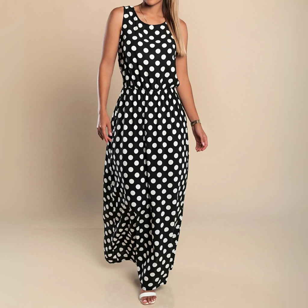 A maxi dress with polka dots and a flowing silhouette.