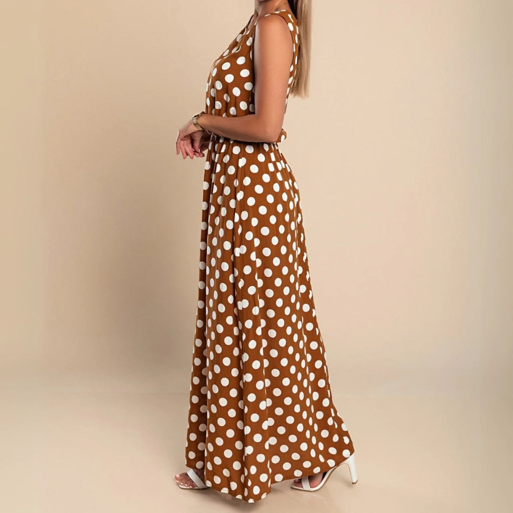 A maxi dress with polka dots and a flowing silhouette.