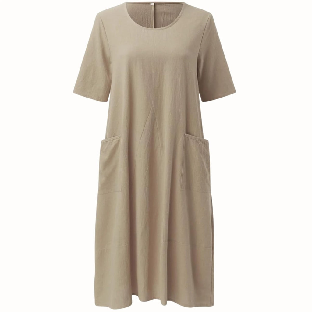 Relaxed fit midi dress with side pockets, lightweight fabric.