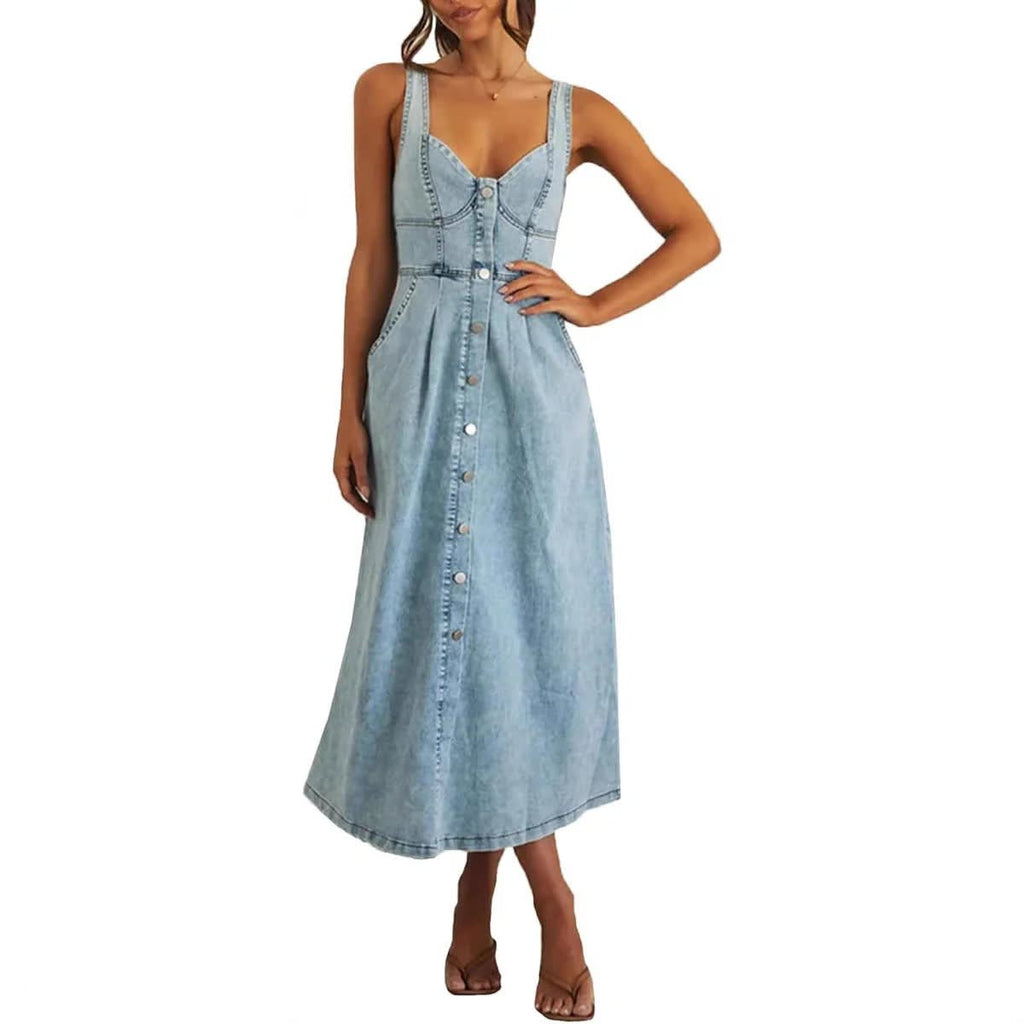 Sleeveless denim dress with button-front and defined fit.