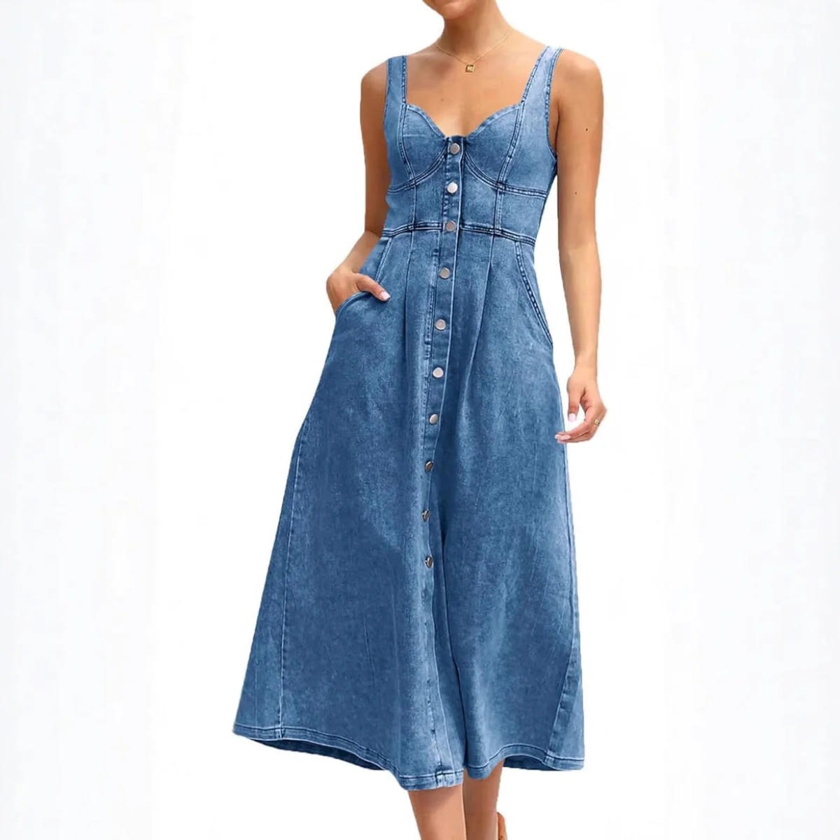 Sleeveless denim dress with button-front and defined fit.