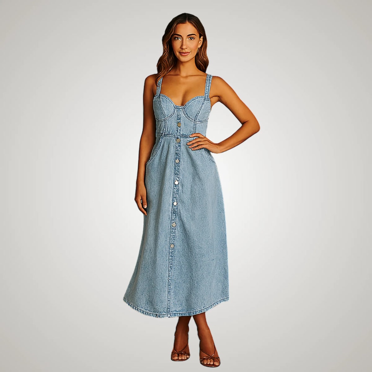 Sleeveless denim dress with button-front and defined fit.