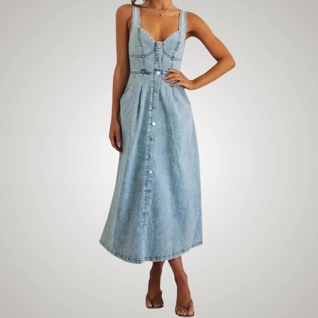 Sleeveless denim dress with button-front and defined fit.