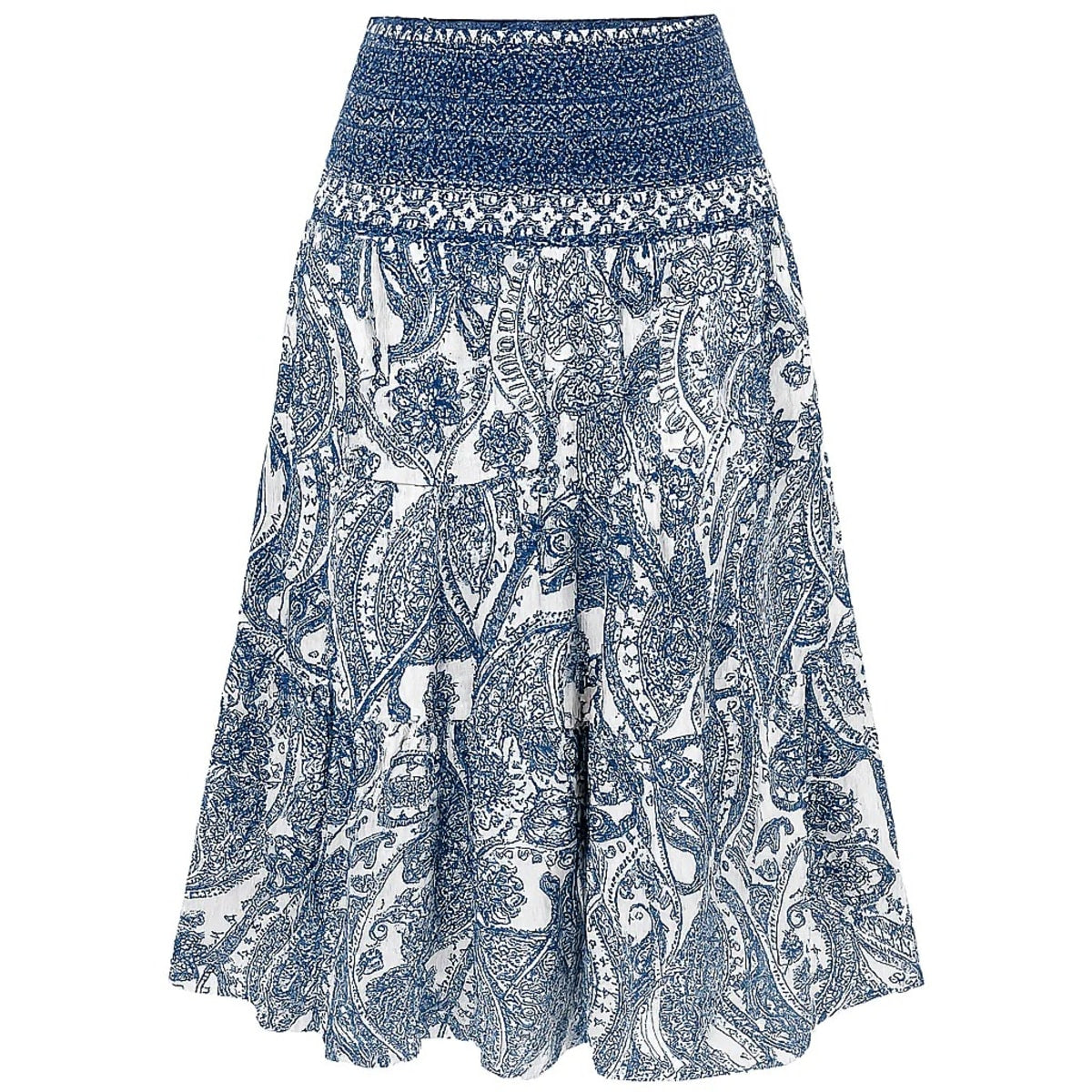 White tiered maxi skirt with blue paisley print and shirred waist.