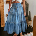 Light blue tiered maxi skirt, high-waisted, button-front.