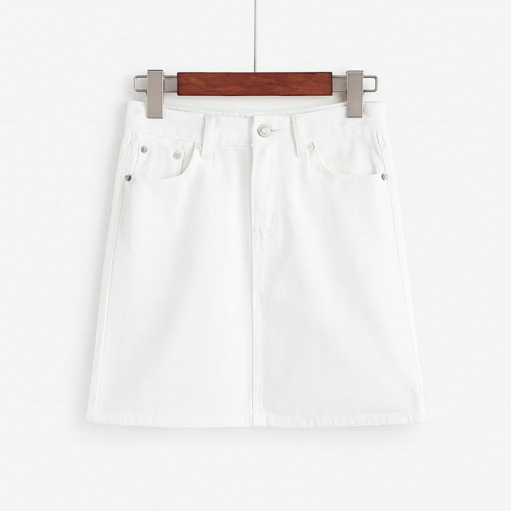 White denim mini skirt with A-line silhouette on hanger.