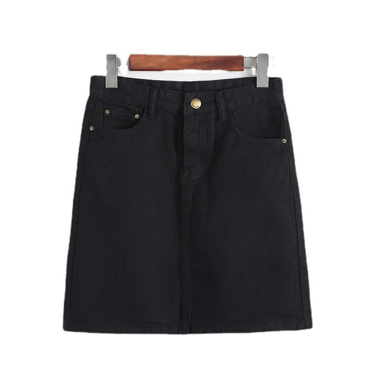 White denim mini skirt with A-line silhouette on hanger.
