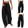 Wide-leg cargo pants with drawstring waist and patch pockets.