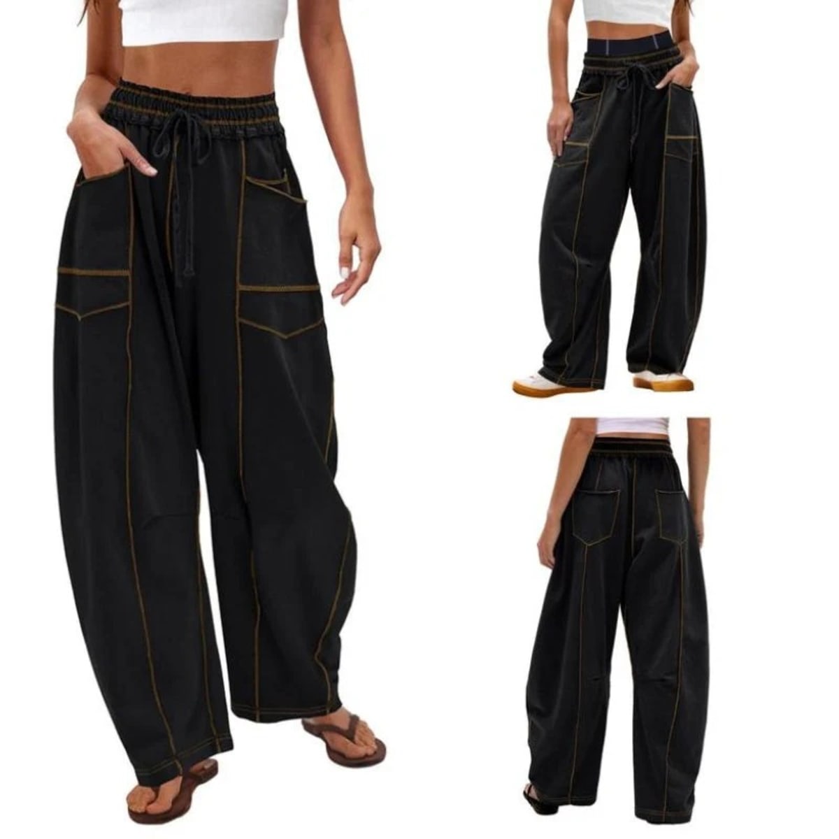 Wide-leg cargo pants with drawstring waist and patch pockets.