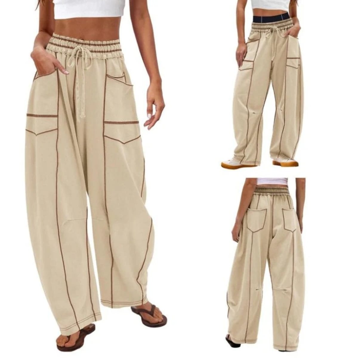 Wide-leg cargo pants with drawstring waist and patch pockets.