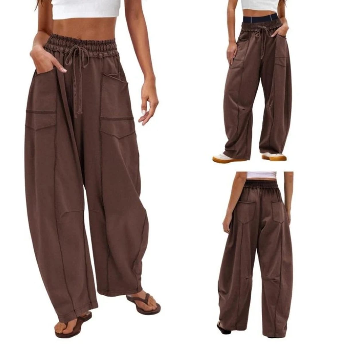 Wide-leg cargo pants with drawstring waist and patch pockets.