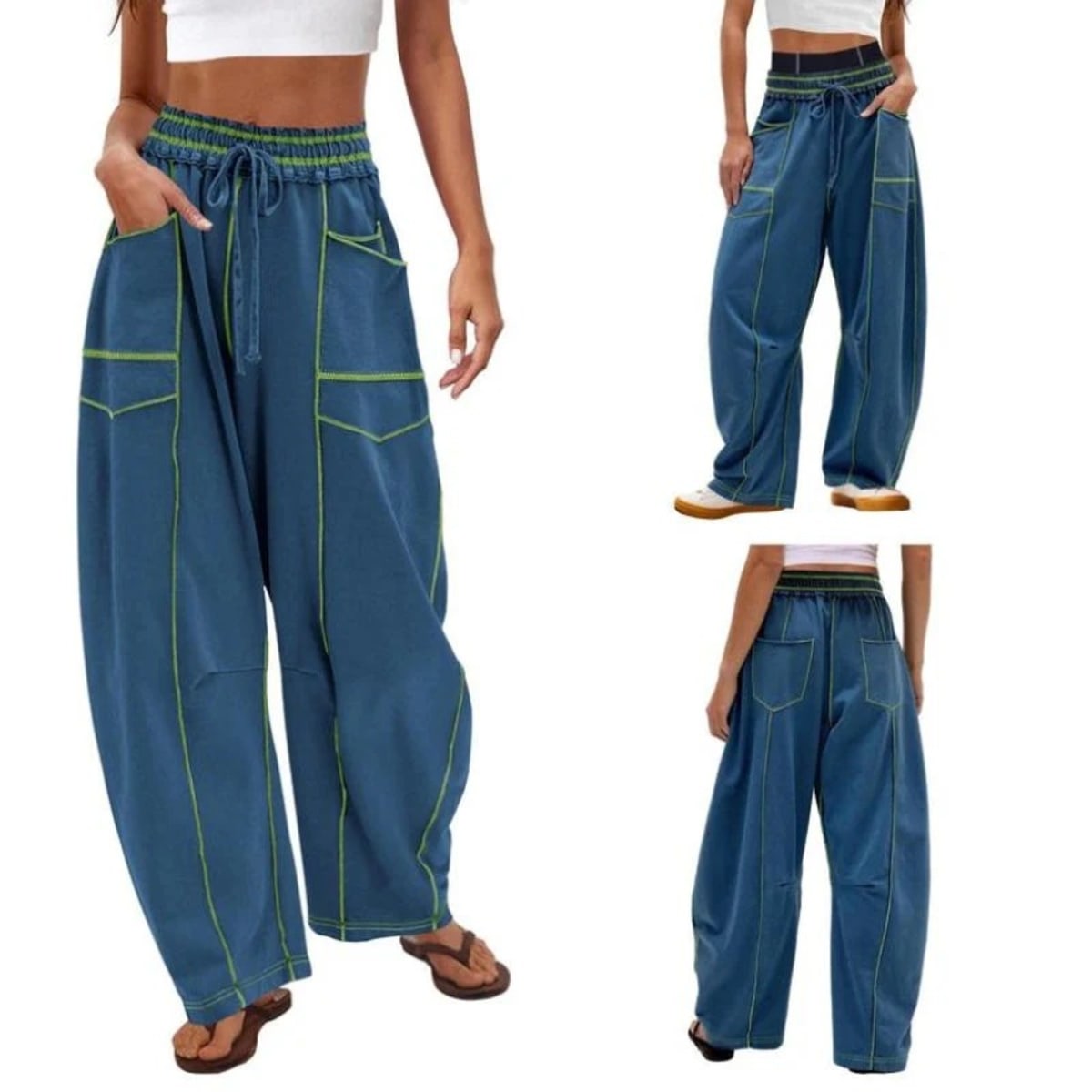 Wide-leg cargo pants with drawstring waist and patch pockets.