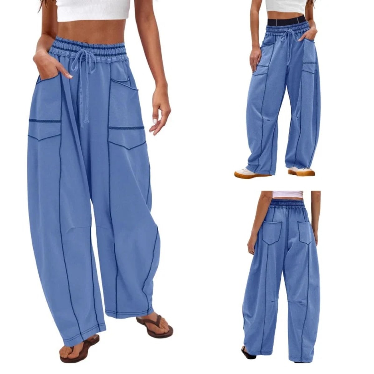 Wide-leg cargo pants with drawstring waist and patch pockets.