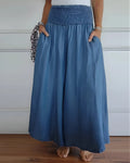 Elastic waist pants with a relaxed fit and soft fabric.