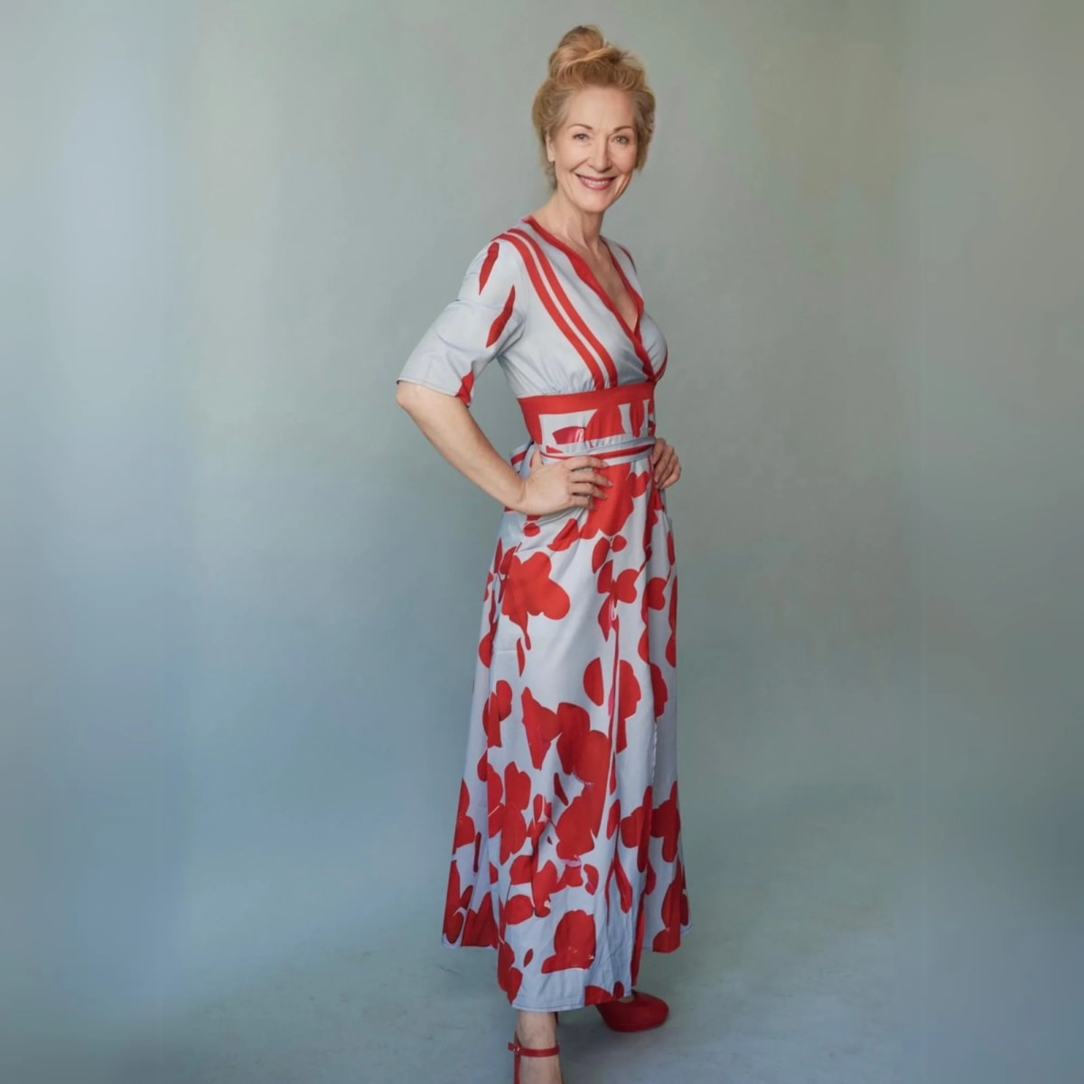 A floral wrap dress with a flowing silhouette and waist-emphasizing design.