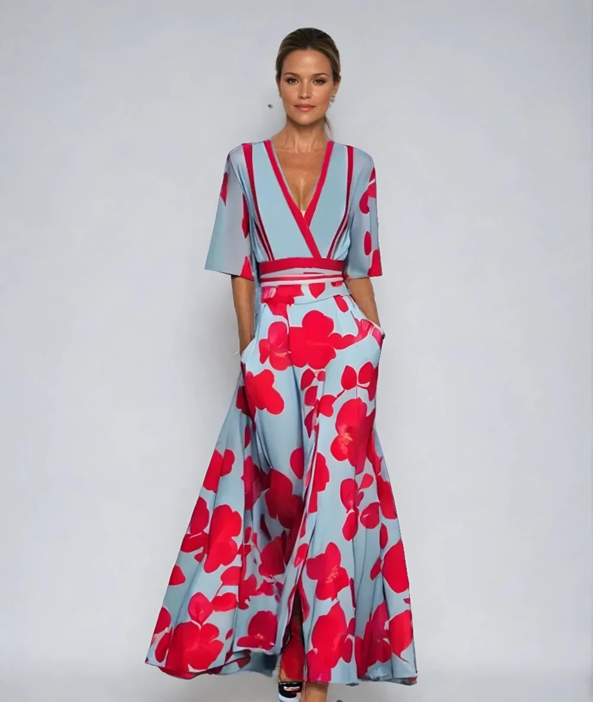 A floral wrap dress with a flowing silhouette and waist-emphasizing design.