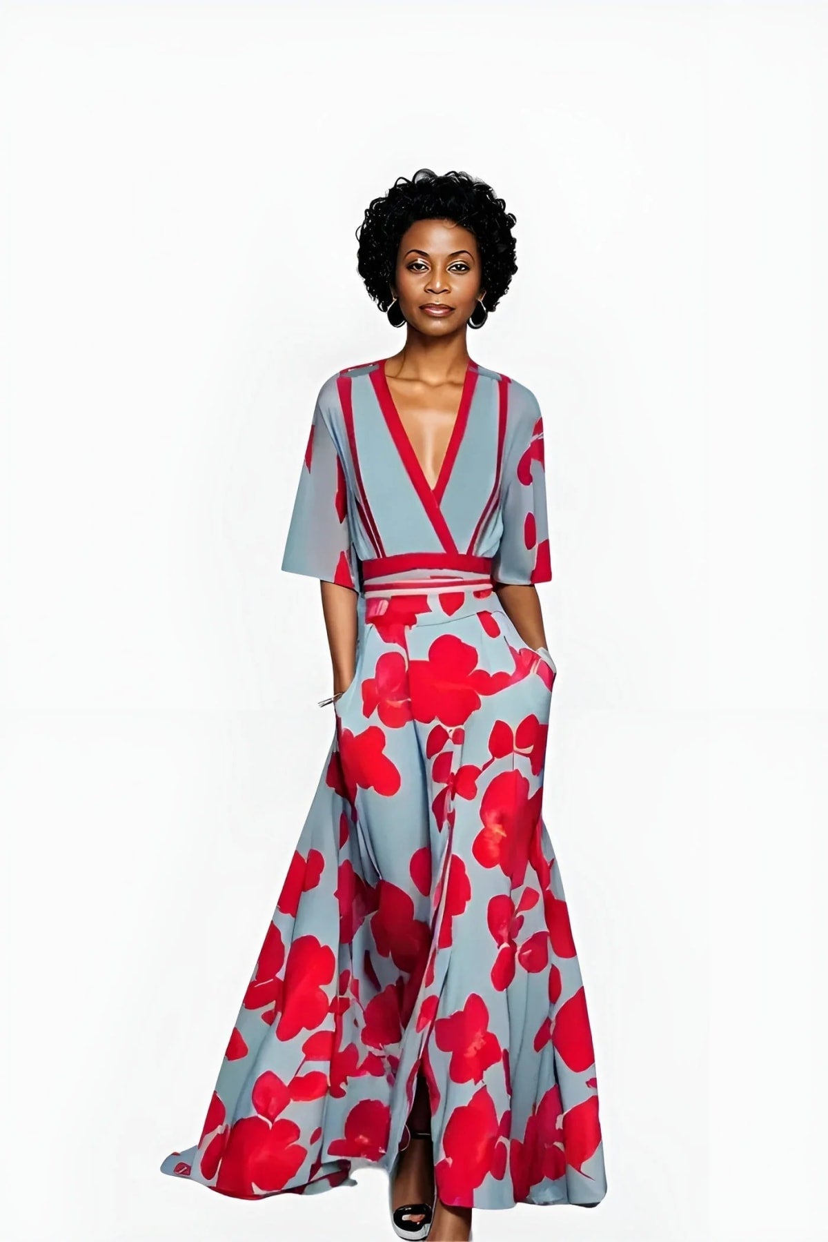 A floral wrap dress with a flowing silhouette and waist-emphasizing design.
