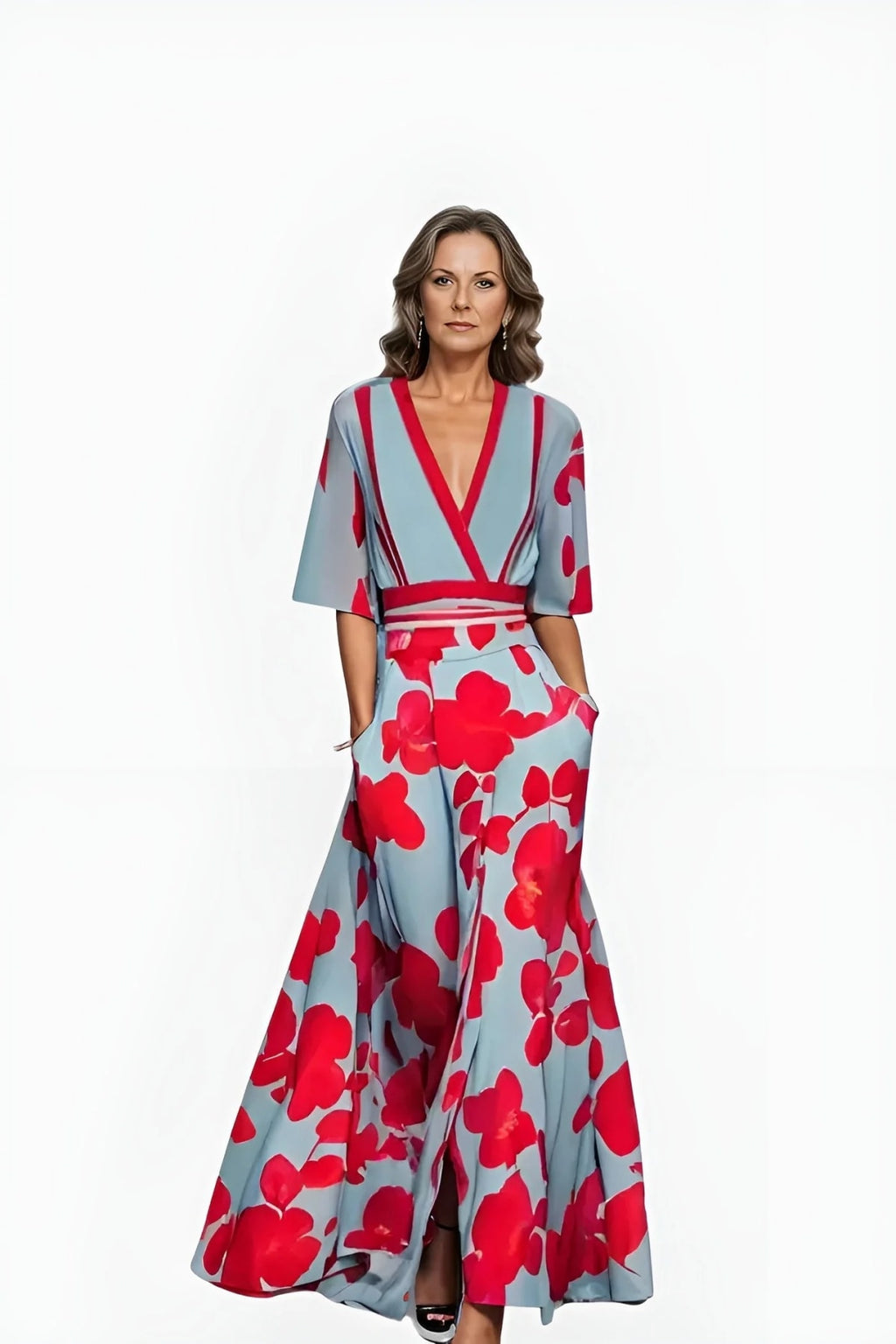 A floral wrap dress with a flowing silhouette and waist-emphasizing design.