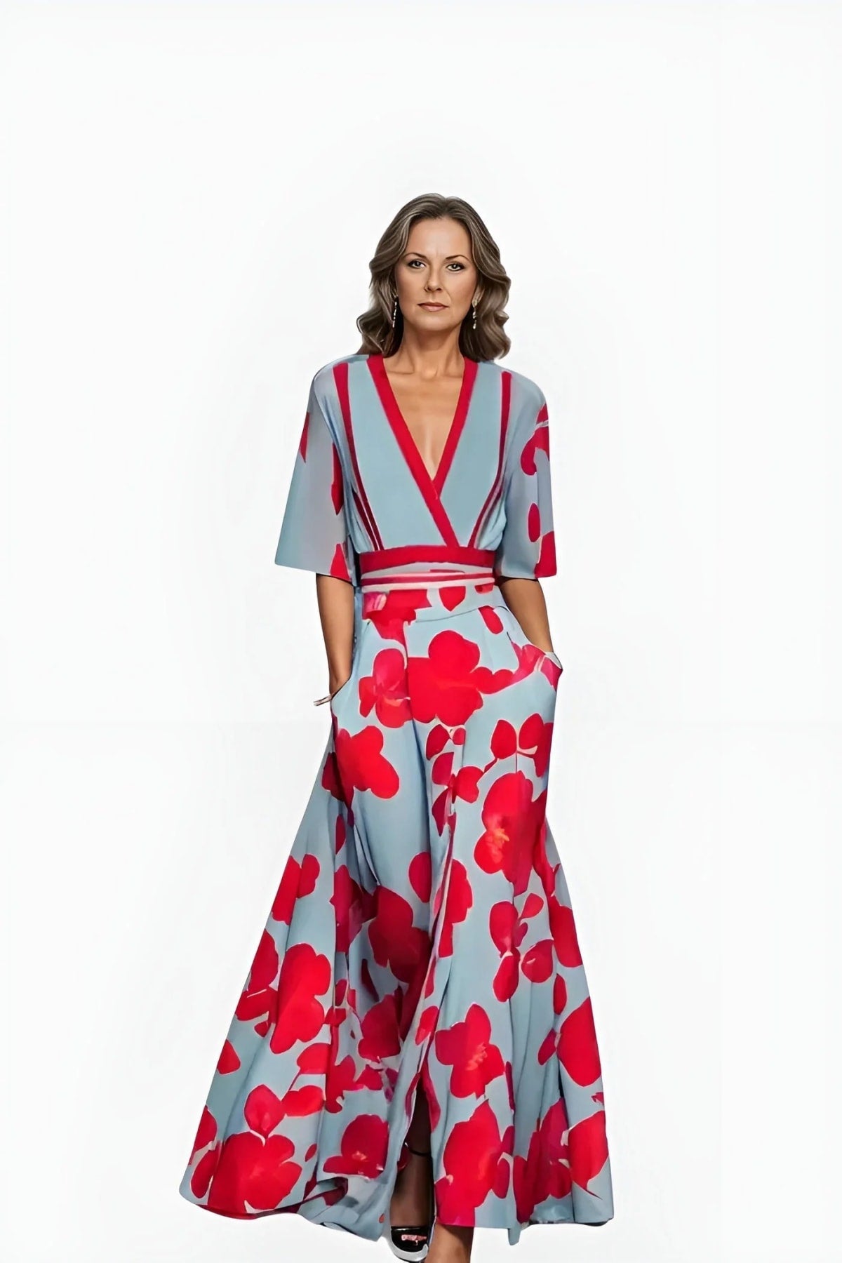 A floral wrap dress with a flowing silhouette and waist-emphasizing design.