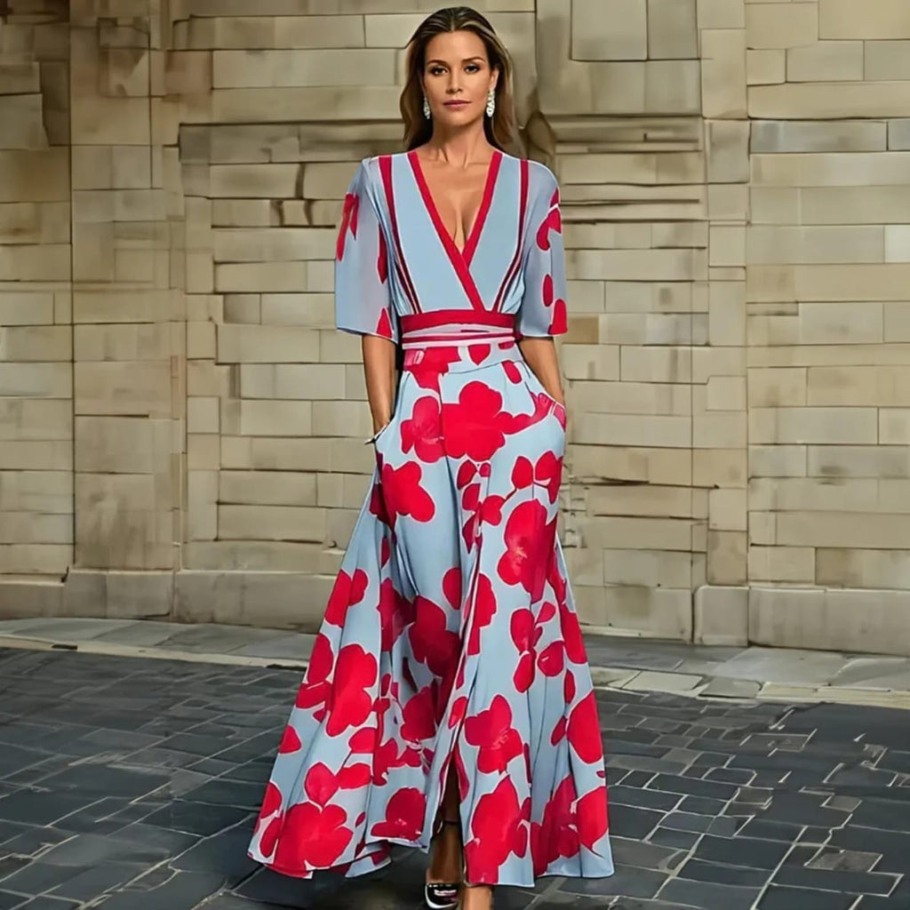 A floral wrap dress with a flowing silhouette and waist-emphasizing design.