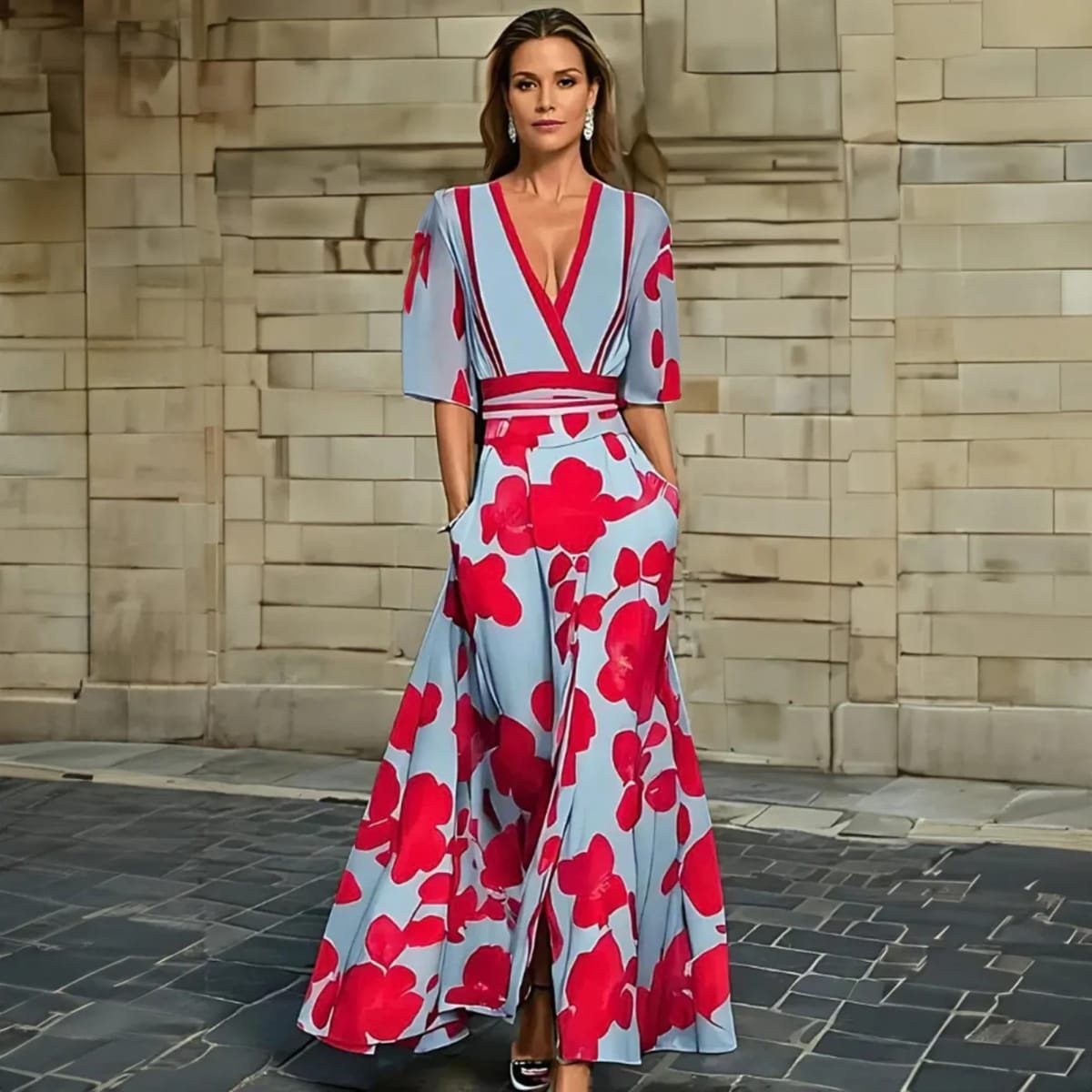 A floral wrap dress with a flowing silhouette and waist-emphasizing design.