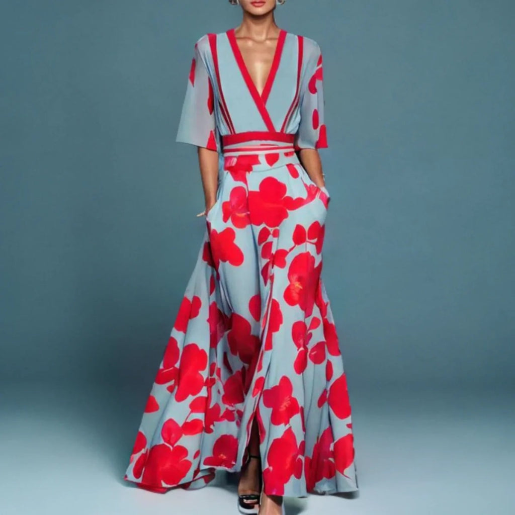 A floral wrap dress with a flowing silhouette and waist-emphasizing design.
