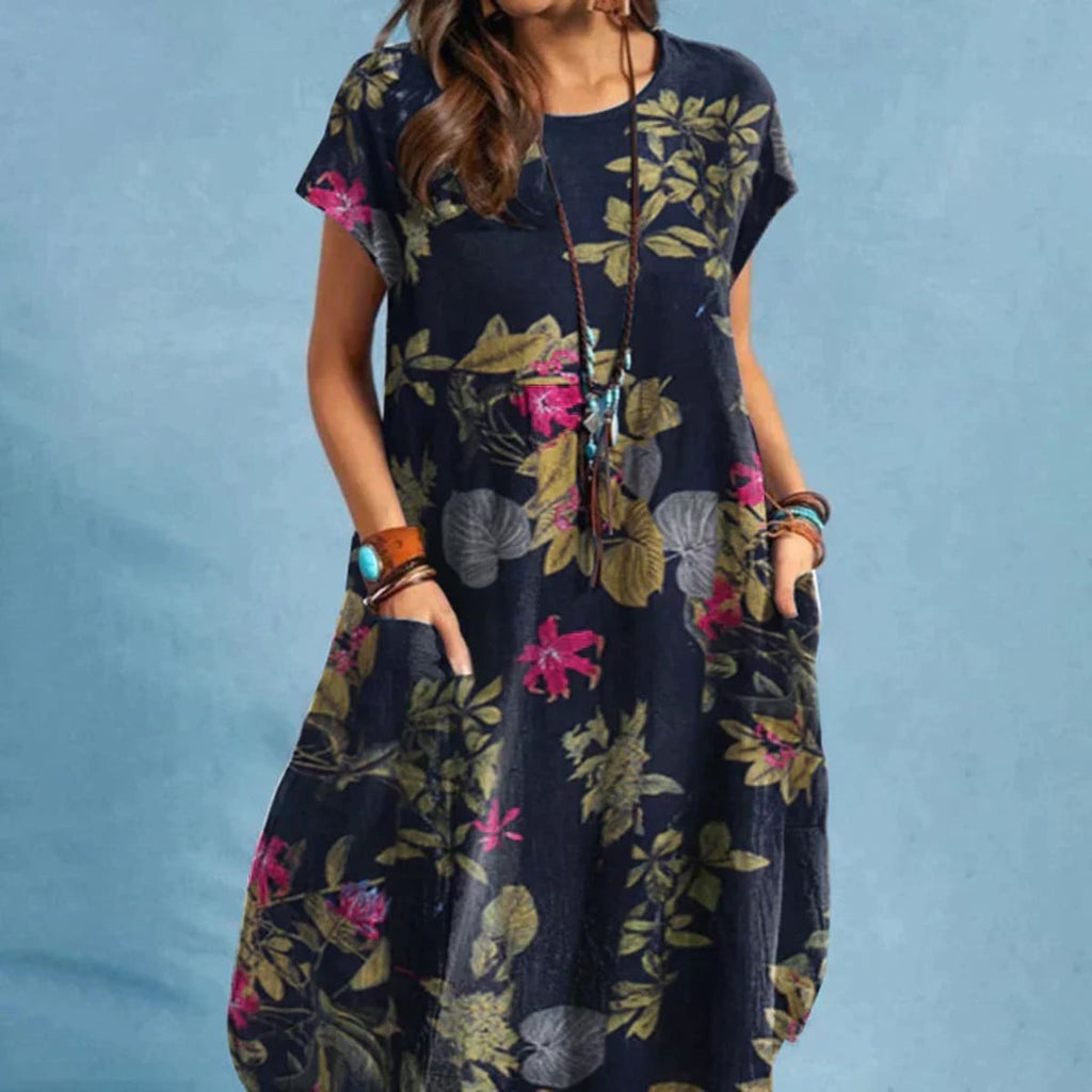 Knee-length elegant dress with refined detailing and silhouette.