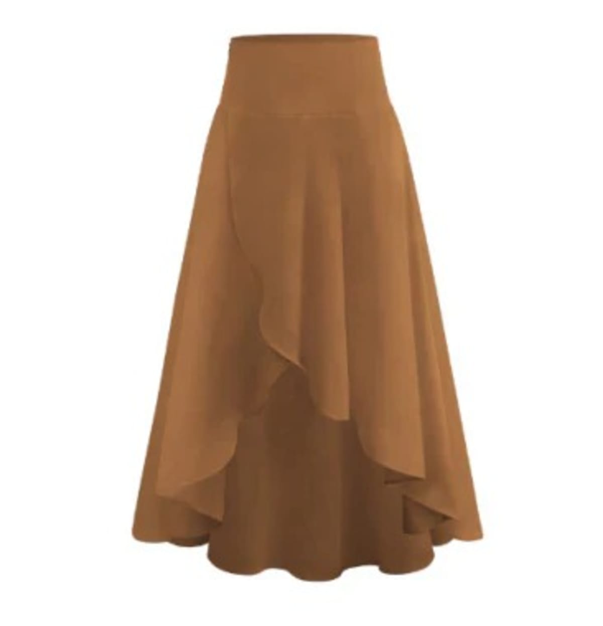 High-waisted flowy skirt with asymmetrical ruffle hem.