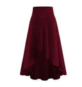 High-waisted flowy skirt with asymmetrical ruffle hem.