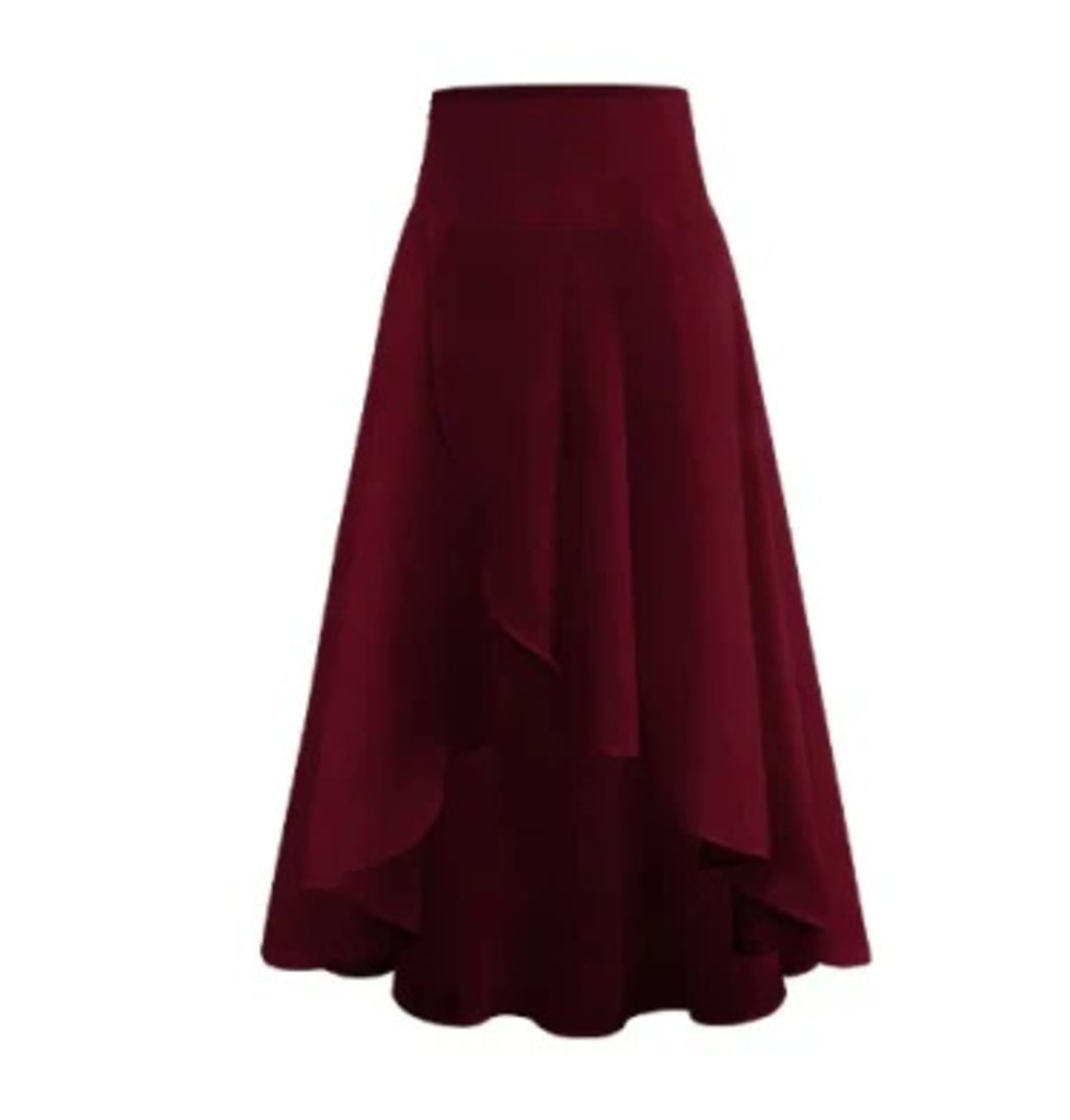 High-waisted flowy skirt with asymmetrical ruffle hem.