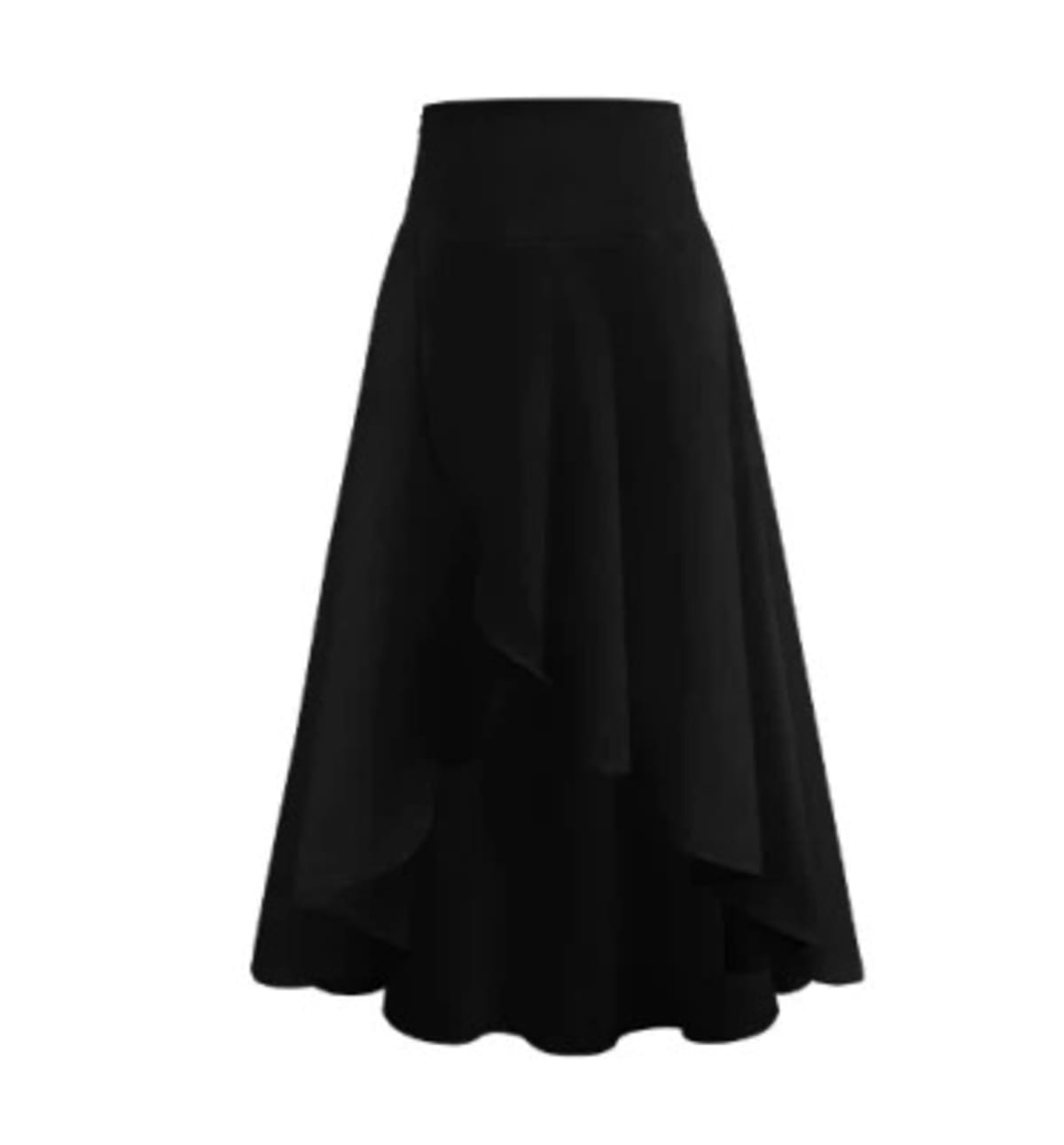High-waisted flowy skirt with asymmetrical ruffle hem.