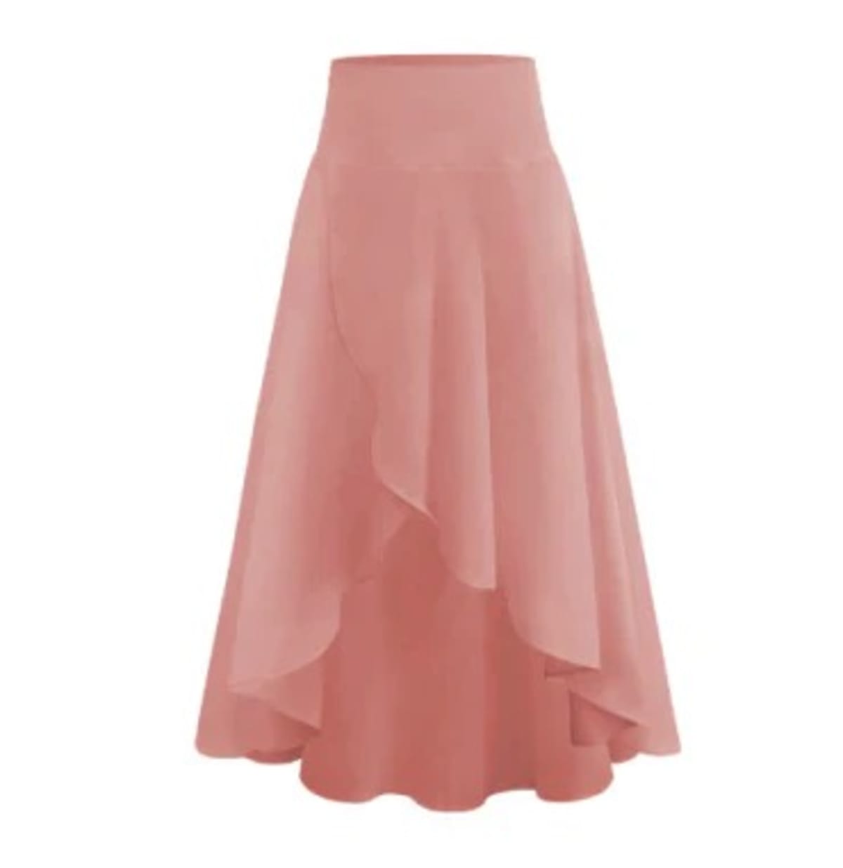 High-waisted flowy skirt with asymmetrical ruffle hem.