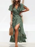 Maxi dress with V-neckline and ruffle accents for summer.