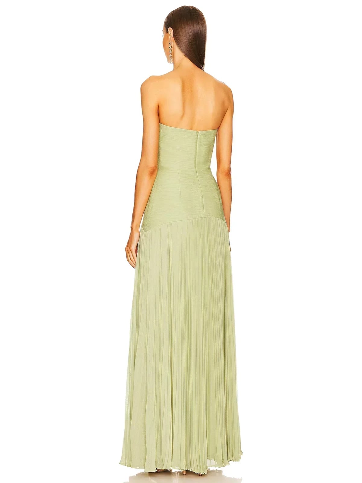 Strapless maxi dress with pleated skirt, worn at a formal event.
