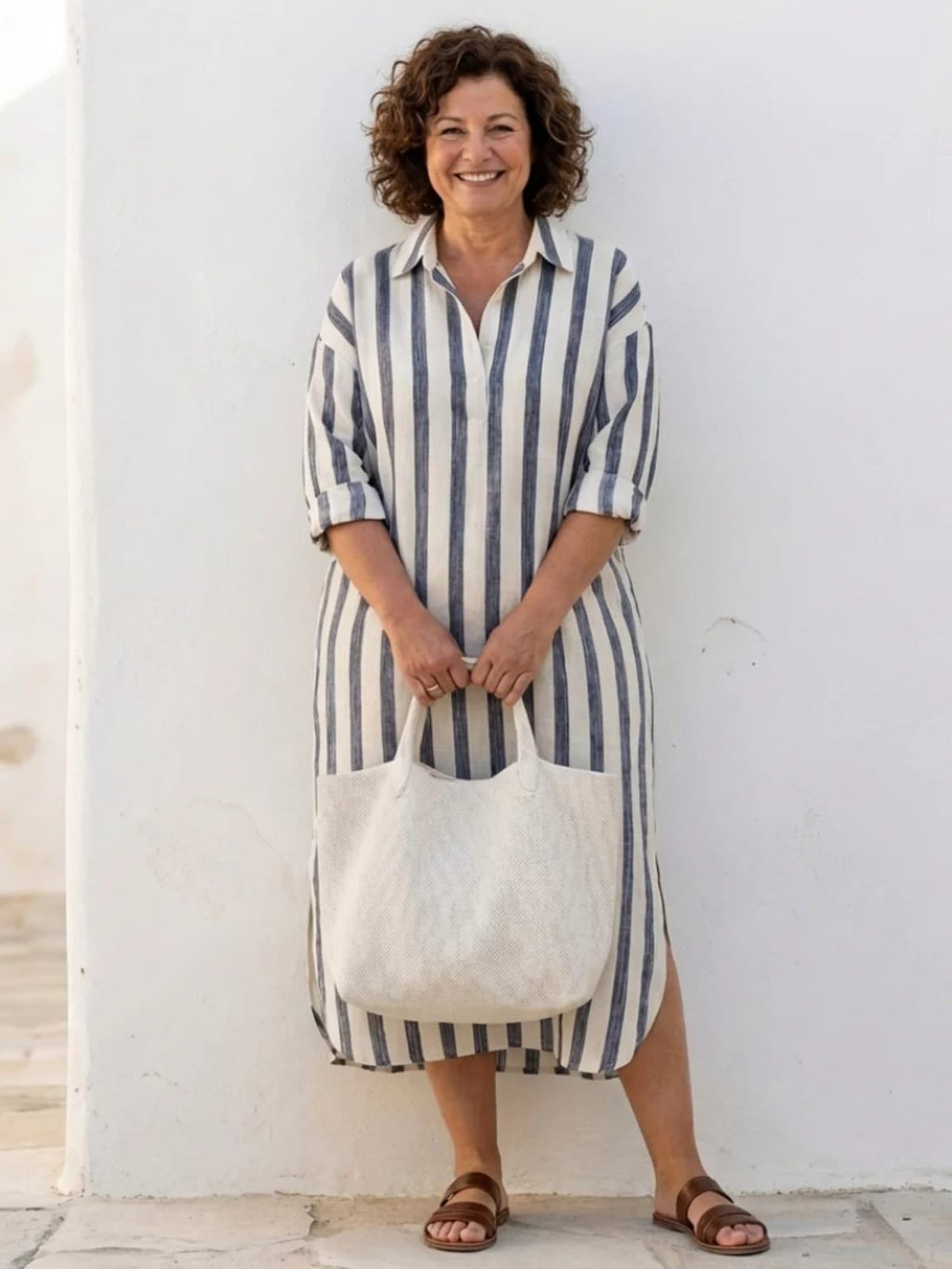 Women's striped long sleeve midi shirt dress with button front.
