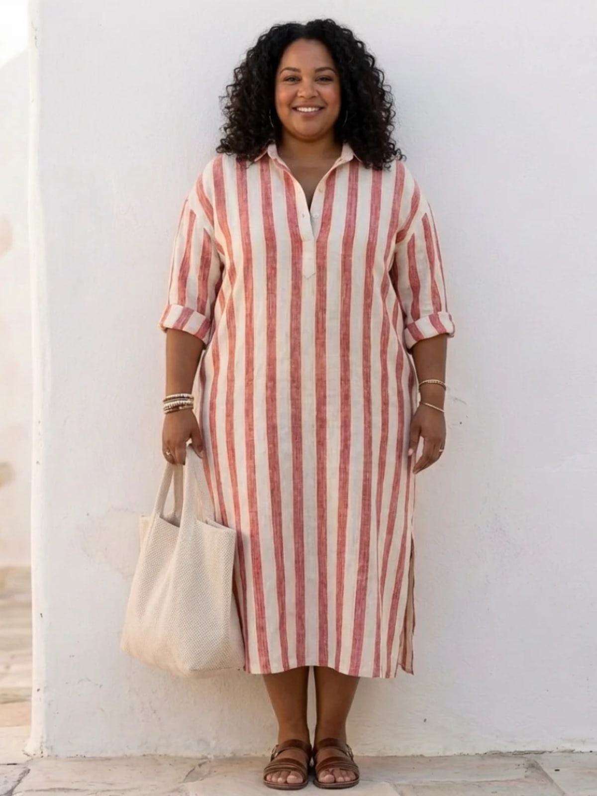 Women's striped long sleeve midi shirt dress with button front.