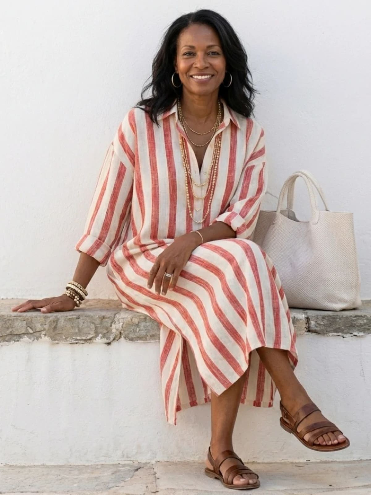 Women's striped long sleeve midi shirt dress with button front.