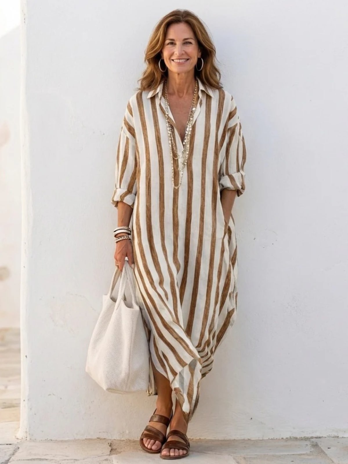 Women's striped long sleeve midi shirt dress with button front.